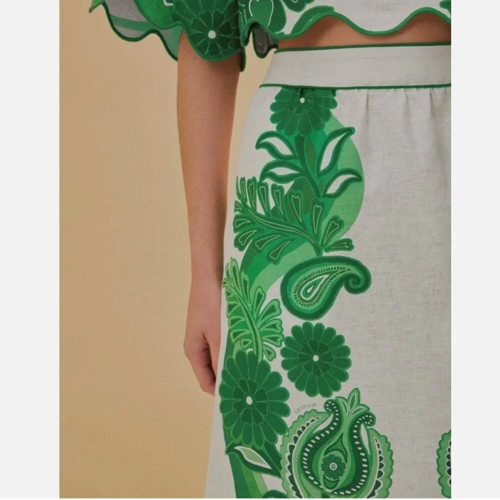 FARM Rio Color Festival Linen Midi Skirt, Green, NWT 🇧🇷 - Picture 5 of 16
